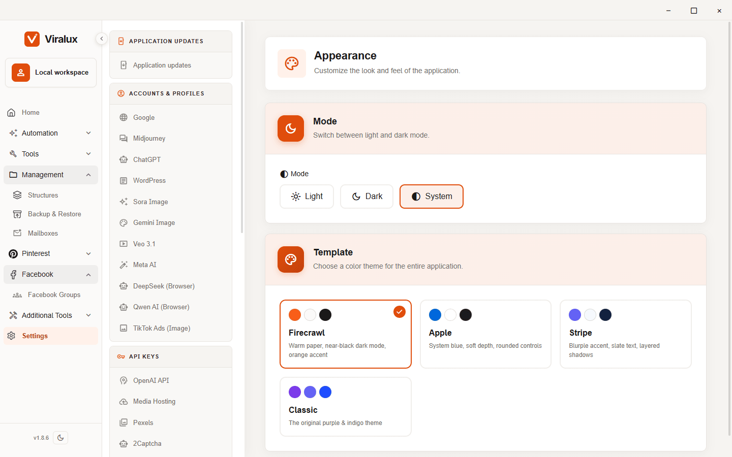 Appearance settings with theme and mode options